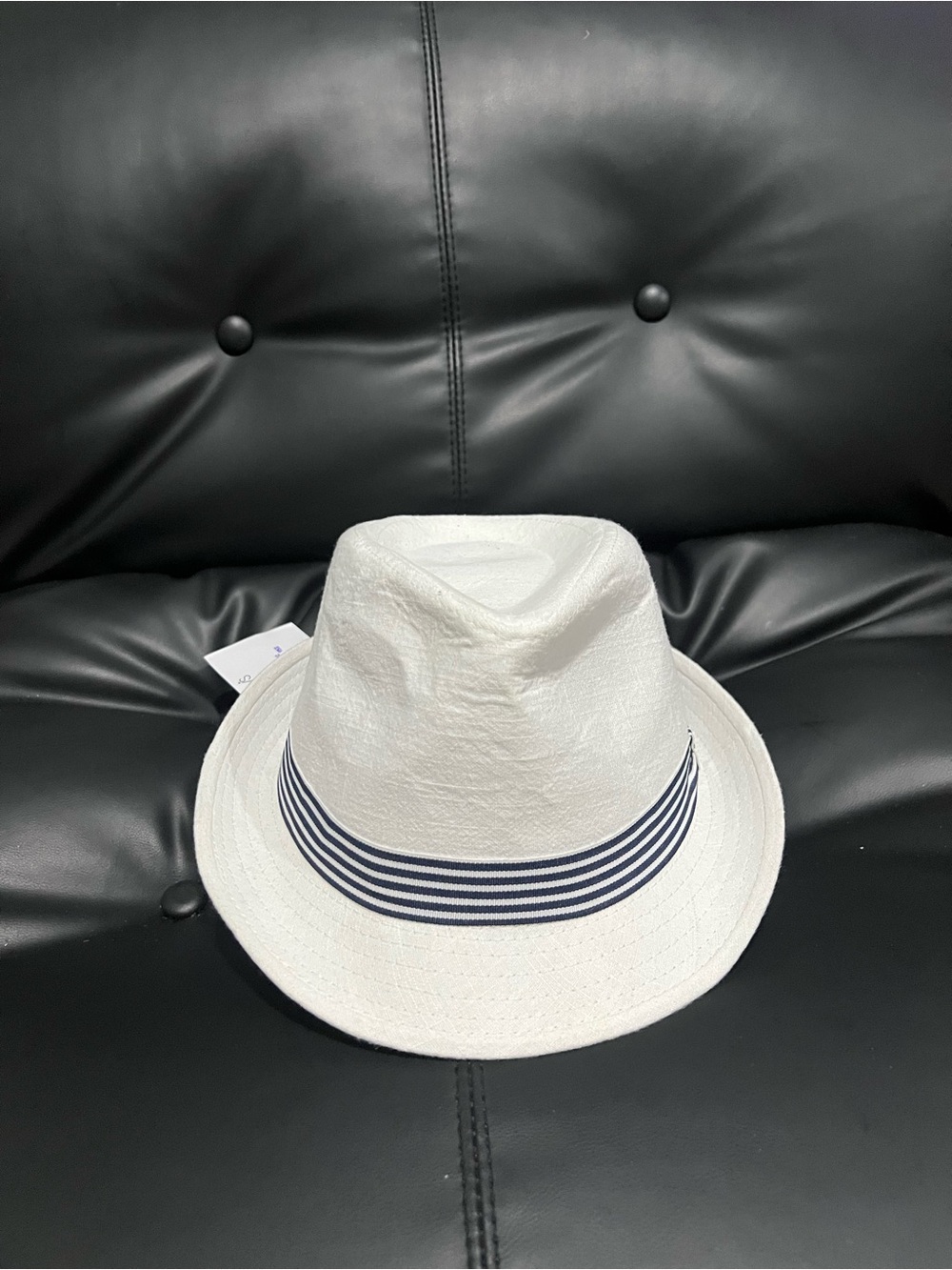 Scala White Fedora with Navy Striped Band